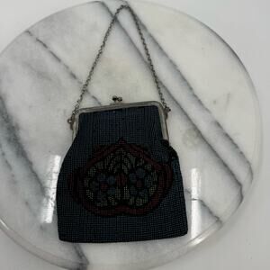 Antique 1920s painted Stained Glass style blue clutch Handbag